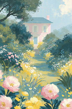 Vibrant flower garden with a variety of colorful blossoms and green foliage, leading to a charming pastel pink house