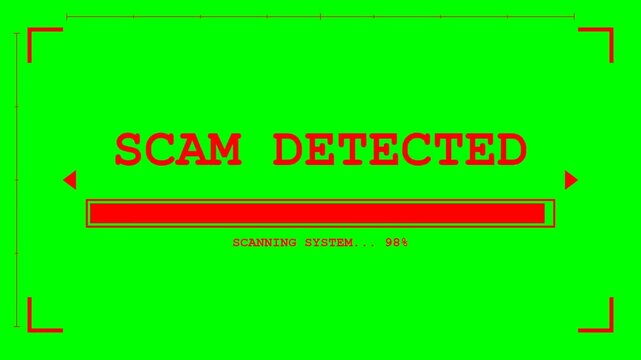 Red Scam Detected Warning Alert with Loading Progress Bar Animation on Green Screen Background