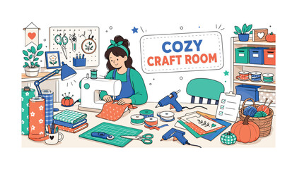 Fototapeta premium Cozy Craft Room. A clean editorial banner showing a crafter working in an organized seasonal studio, with an oversized craft table and sewing machine as the main objects, plus scissors, glue gun,