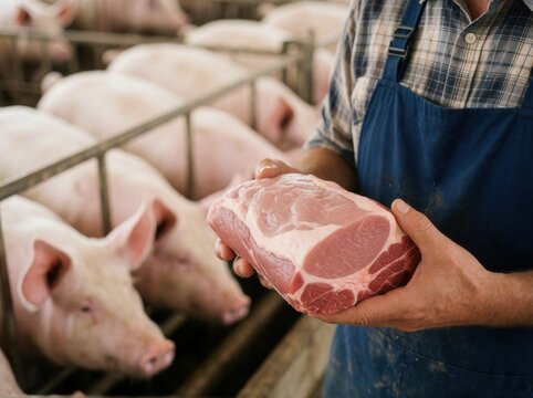 A farmer wearing a blue apron stands in a pigsty, holding a raw piece of fresh pork in his hands.
