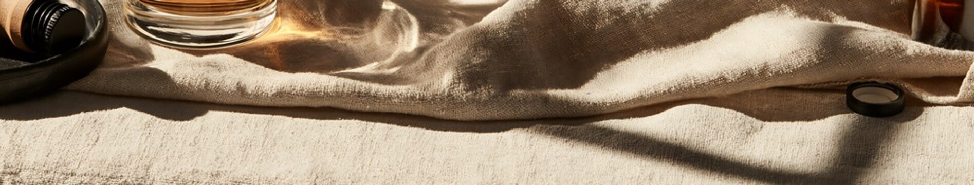 Beige linen fabric backdrop with soft folds, warm sunlight, glass rim and black bottle caps for product photography