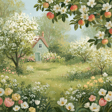 Charming house nestled in a vibrant spring garden with blooming apple trees, wildflowers, and a lush green lawn