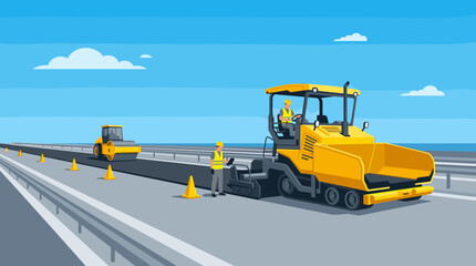 Naklejka premium Road construction workers operate heavy machinery for asphalt paving on a sunny day