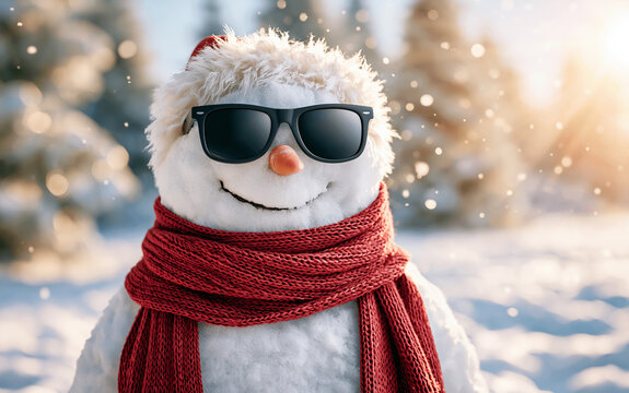 The snowman smiles, adorned with sunglasses and a red scarf, against a backdrop of glistening snow and evergreen trees