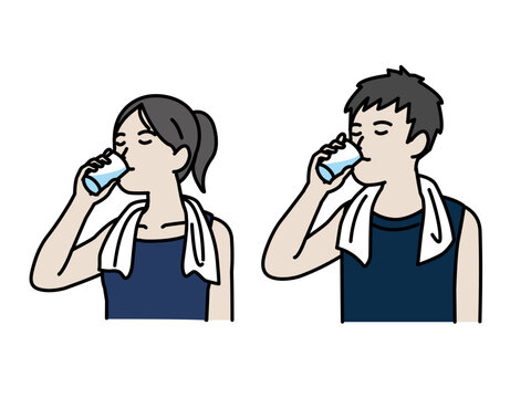 運動後に水分補給する男女のイラスト