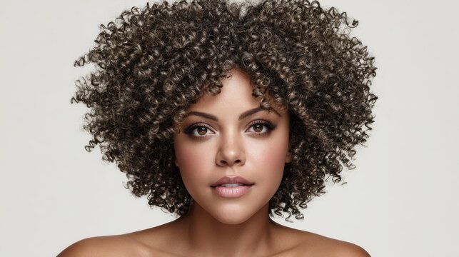Portrait of a woman with curly hair showcasing natural beauty and flawless skin on a neutral background