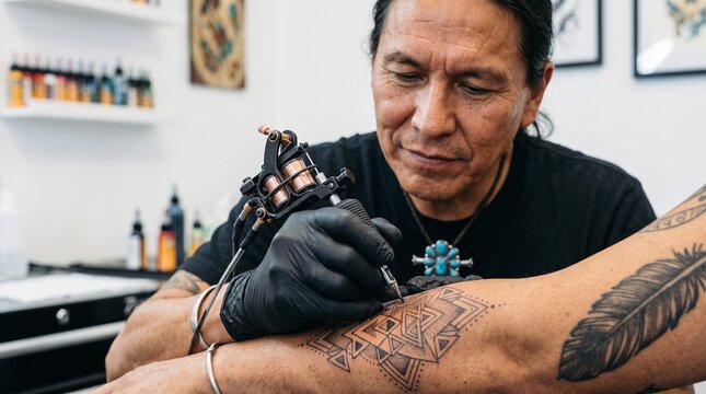 Indigenous man tattooing geometric pattern on client's arm in studio