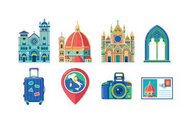 Fototapeta premium Italian Cathedral Landmarks, bright flat vector icon set featuring Genoa cathedral, Florence cathedral dome, Siena cathedral facade, Gothic arch, travel suitcase, map pin, camera, souvenir postcard