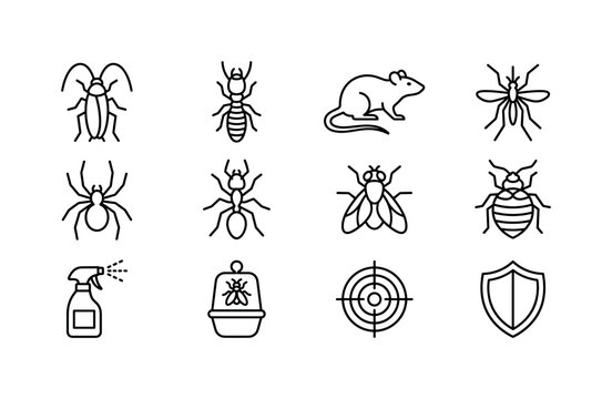 Pest Control Services, line icon set featuring cockroach, termite, rat, mosquito, spider, ant, fly, bedbug, spray bottle, insect trap, target and protective shield, covering extermination, insect