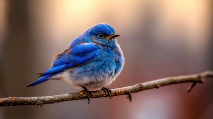 Fototapeta premium Close-Up of Vibrant Blue Bird Perched on Twigs in Soft Glowing Background at Dusk in Nature's Serene Setting
