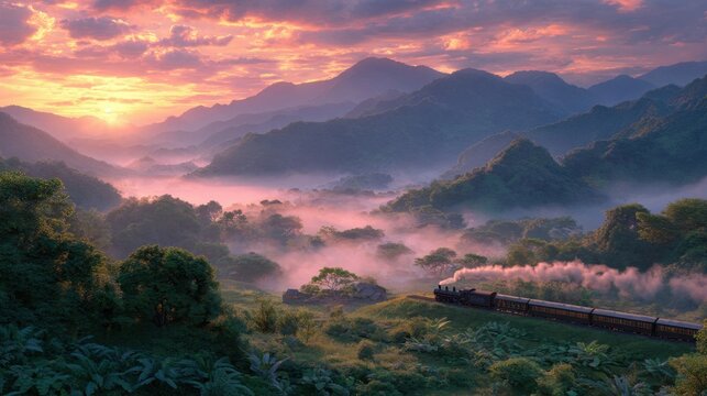 Scenic Train Journey Through Lush Mountains with Misty Landscape at Sunset