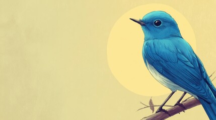 Fototapeta premium Charming Blue Bird Perched on a Branch with Soft Yellow Background and Gentle Sunlit Glow