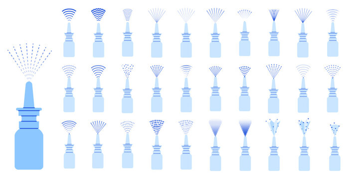 Set of blue nasal spray bottles each emitting unique dark mist jets, arcs, dots with fan bursts. Designed for pharmacy apps, allergy treatment charts, sinus irrigation guides or medical icons