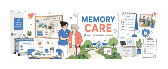 Fototapeta premium Memory Care Facility. A clean editorial banner showing a caregiver supporting a senior resident in a secure community, with an oversized memory board and garden path as the main objects, plus door