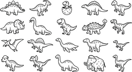 Cute Dinosaur Doodle Icon Set with Cute Prehistoric Animals and Extinct Creatures Line Art Graphics for Kids Patterns and Educational Designs © Neel