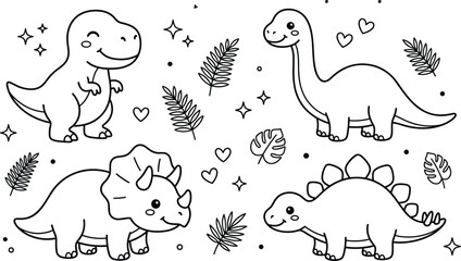 Cute Baby Dinosaur Coloring Page Set with T-Rex and Triceratops Line Art Vector Graphics for Kids Activity Books and Nursery Designs © Neel