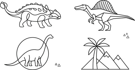 Minimalist Geometric Dinosaur Line Art Icon Set with Continuous Line and Origami Style Prehistoric Graphics for Abstract Modern Logo Designs © Neel