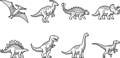 Vintage Linocut Style Dinosaur Icon Set with Engraving Texture Line Art Graphics of Prehistoric Extinct Animals for Retro Logo Designs © Neel