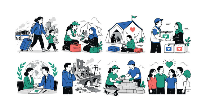 Global Conflict Response, clean editorial illustration set of 8 separate mini scenes showing civilian evacuation, refugee assistance, emergency shelter, humanitarian aid, peace diplomacy, damaged