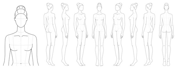 Naklejka premium Set of female fashion body figures including bust close-up plus front, back, side three-quarter rotation with dotted guides. Suited for technical apparel layout, measurement study or design reference
