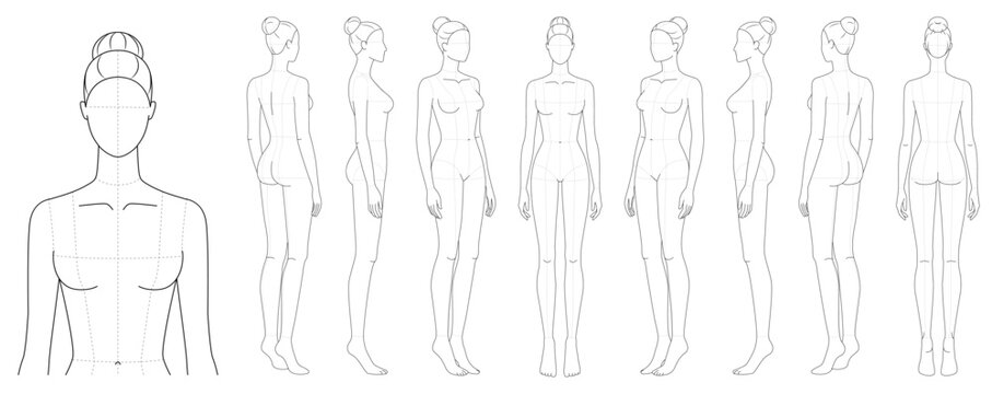 Set of female fashion body figures including bust close-up plus front, back, side three-quarter rotation with dotted guides. Suited for technical apparel layout, measurement study or design reference