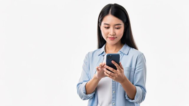 Young Woman Using Smartphone: A focused young woman with long dark hair, dressed in a casual light blue shirt, intently uses her smartphone, her fingers navigating the screen with precision.