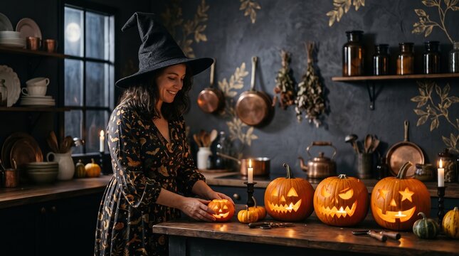 Woman wearing a witch hat carves pumpkins in a vintage kitchen
