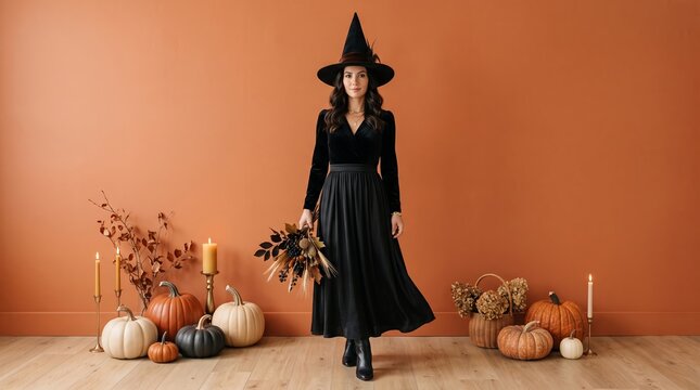 Witch walks with pumpkin decorations during autumn festival