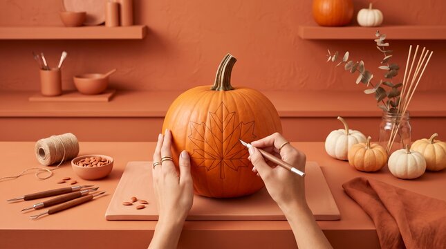 Surrounding area features small pumpkins, twine, and carving tools