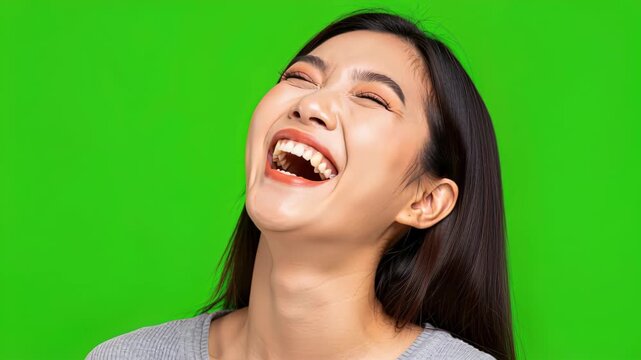 Gleeful Laughter on Green Screen: A young woman throws her head back in uninhibited laughter, her eyes squeezed shut in pure joy against a vibrant green backdrop.