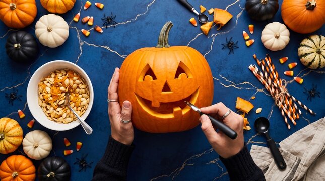 Overhead view of person crafting Halloween pumpkin with tools and treats