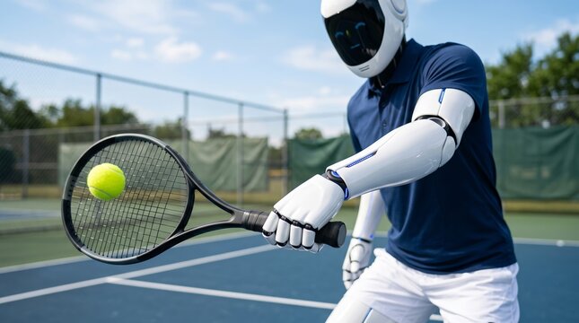 Robot tennis player swings racket at incoming ball. White helmet and mechanical arm show advanced design. Scene captures motion on blue court under sunny sky. Ideal for tech, sports