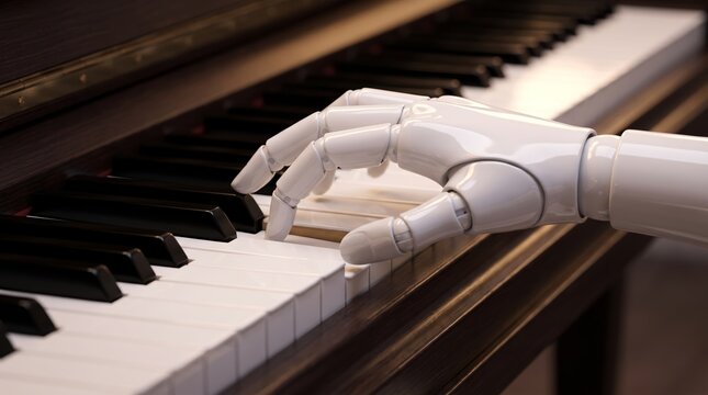 White robotic hand plays piano keys. Modern technology meets classic music. Perfect for tech, art, or innovation themes