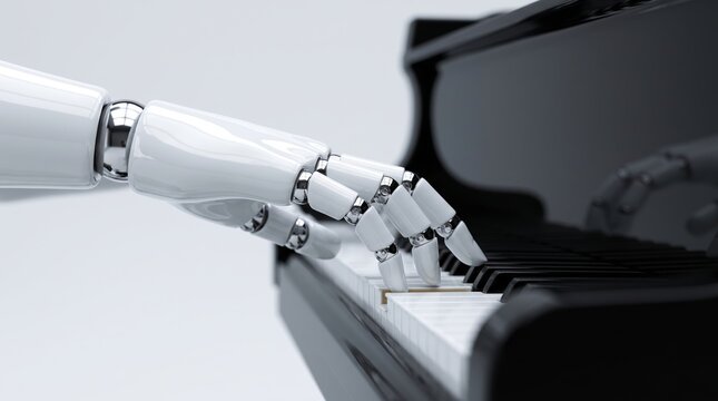 Robotic hand plays piano keys with precision. Sleek white arm contrasts black piano surface. Image conveys futuristic art or technology theme. Ideal for AI, music tech, or innovation projects