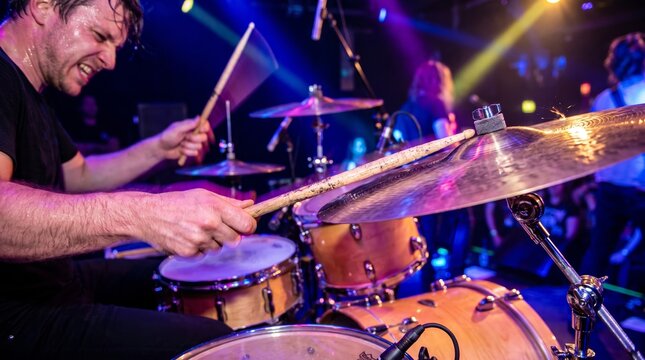 Drummer intensely playing drums under colorful stage lights. Sweat glistens on his face from energetic performance. Cymbals gleam as sticks strike with force and rhythm