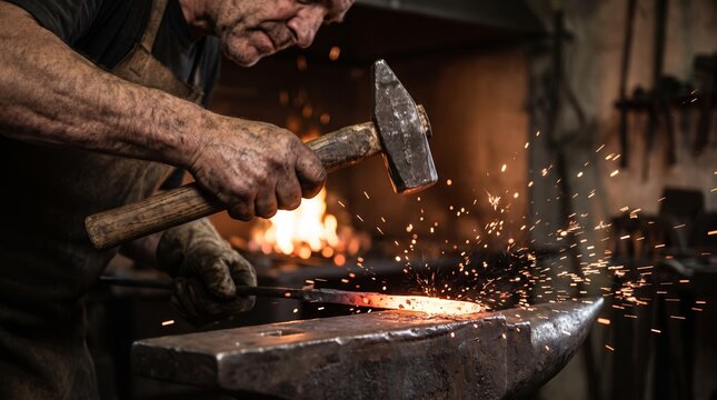 Blacksmith strikes glowing metal on anvil. Sparks fly as hammer meets hot iron. Worker focused, hands steady, sweat visible. Scene shows traditional metalworking craft. Perfect for industrial