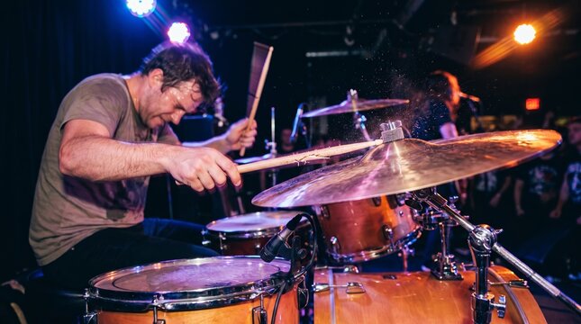 Drummer intensely plays his drums under stage lights. His focused expression shows passion and energy. Water droplets fly from the cymbal during a powerful strike