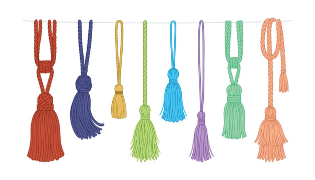 Colorful decorative curtain tassels collection hanging on a line with elegant cord knots and fringe vector illustration