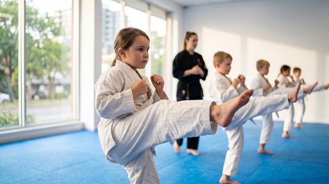Young children in white uniforms practice martial arts kicks indoors. Instructor watches with focus. Kids show determination and discipline. Perfect for fitness, sports, or child development themes