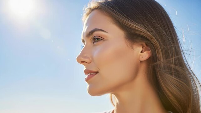 Golden Hour Radiance: A beautiful young woman with long, flowing hair basks in the warm glow of the sun, her face turned towards the sky, embodying a sense of peace and optimism.