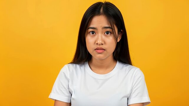 Sadness Personified: A young woman with long dark hair and a white t-shirt looks at the camera with a deeply sad and worried expression, against a vibrant yellow background.