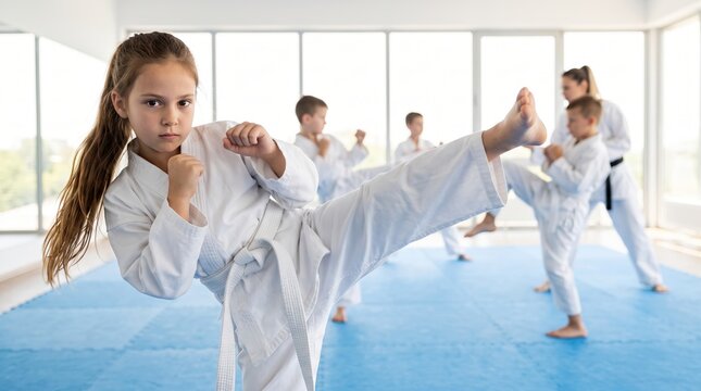 Young girl executes high kick during martial arts class. Her focused expression shows determination and discipline. Other children train in background, mimicking her stance