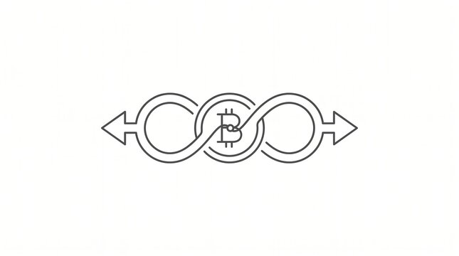 Minimalist bitcoin loop with infinity arrows in monochrome design