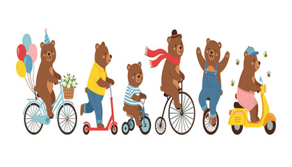 Cute teddy bear cartoon characters riding bicycle scooter unicycle and motorbike vector illustration collection for kids design © Ruma