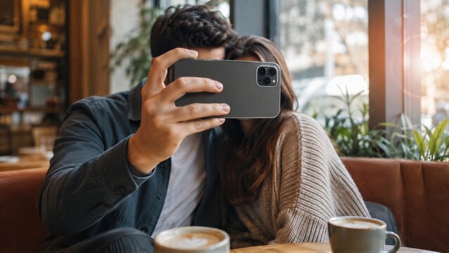 Young couple captures a selfie using a smartphone while enjoying coffee at a cozy cafe interior.