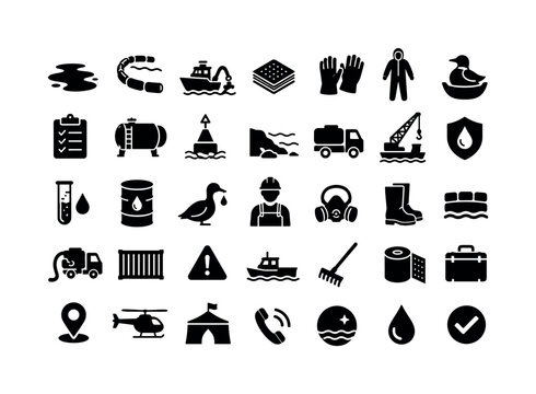 Oil Spill Cleanup. Solid glyph icon set of oil spill cleanup: oil slick, containment boom, skimmer boat, absorbent pad, gloves, protective suit, wildlife rescue, checklist, collection tank, warning