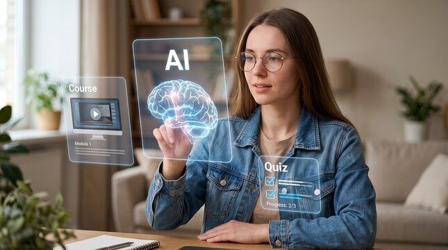 Young woman wearing glasses interacts with futuristic holographic display showing artificial intelligence online course and quiz interface elements inside a bright modern apartment room