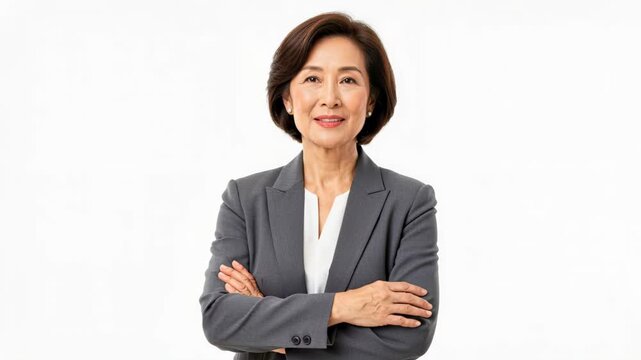 Successful Asian Businesswoman: A confident and elegant Asian businesswoman in a sharp grey suit, with arms crossed and a warm smile, exudes professionalism and competence in a studio portrait.