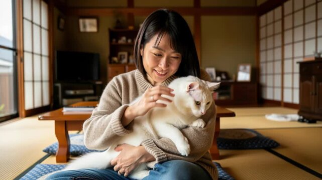 A Moment of Serenity: A young woman tenderly cradles her white cat in a traditional Japanese room, sharing a quiet moment of companionship and affection amidst the warmth of home.