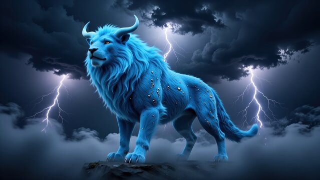 Mythical Blue Lion with Horns and Gold Accents Standing on Rock Amid Stormy Sky with Lightning, Fantasy Creature for Creative or Artistic Use